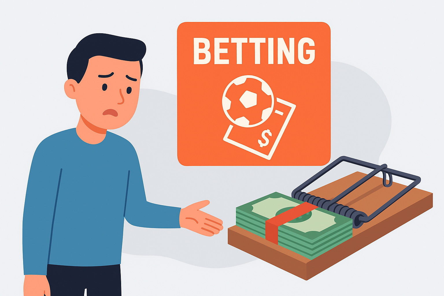 Illustration of a worried man pointing toward a stack of money placed in a mousetrap, symbolizing unexpected sportsbook withdrawal charges.
