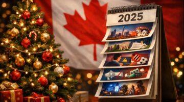 Calendar with betting symbols against a Canadian flag and a Christmas setting, representing changes in Canada's online gambling market.