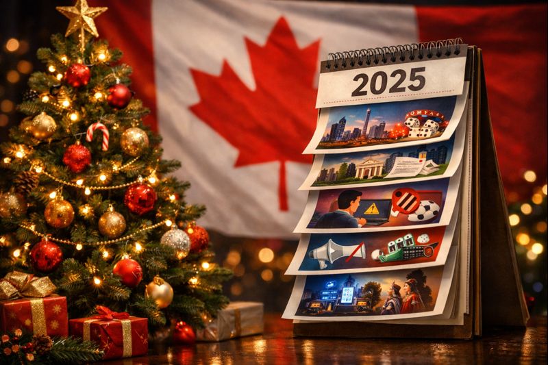 Calendar with betting symbols against a Canadian flag and a Christmas setting, representing changes in Canada's online gambling market.
