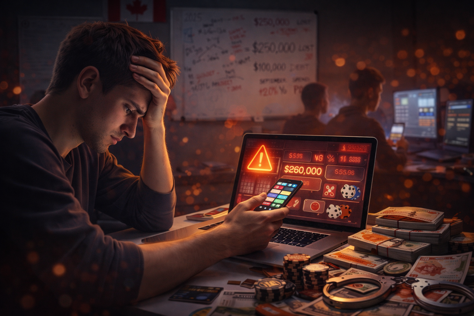 Calendar with betting symbols against a Canadian flag and a Christmas setting, representing changes in Canada's online gambling market.