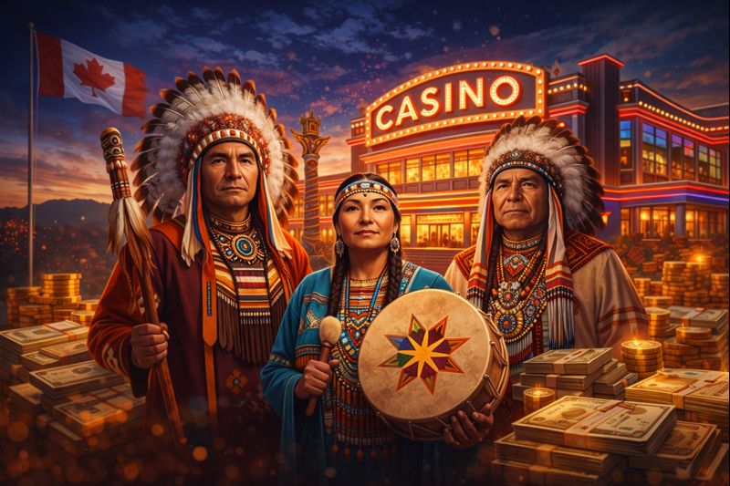 Indigenous representatives holding traditional symbols near a modern casino, highlighting First Nations' role in regulated gambling.
