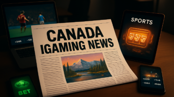 A newspaper with the headline “Canada iGaming News” placed among devices showing sports bets and slot symbols.