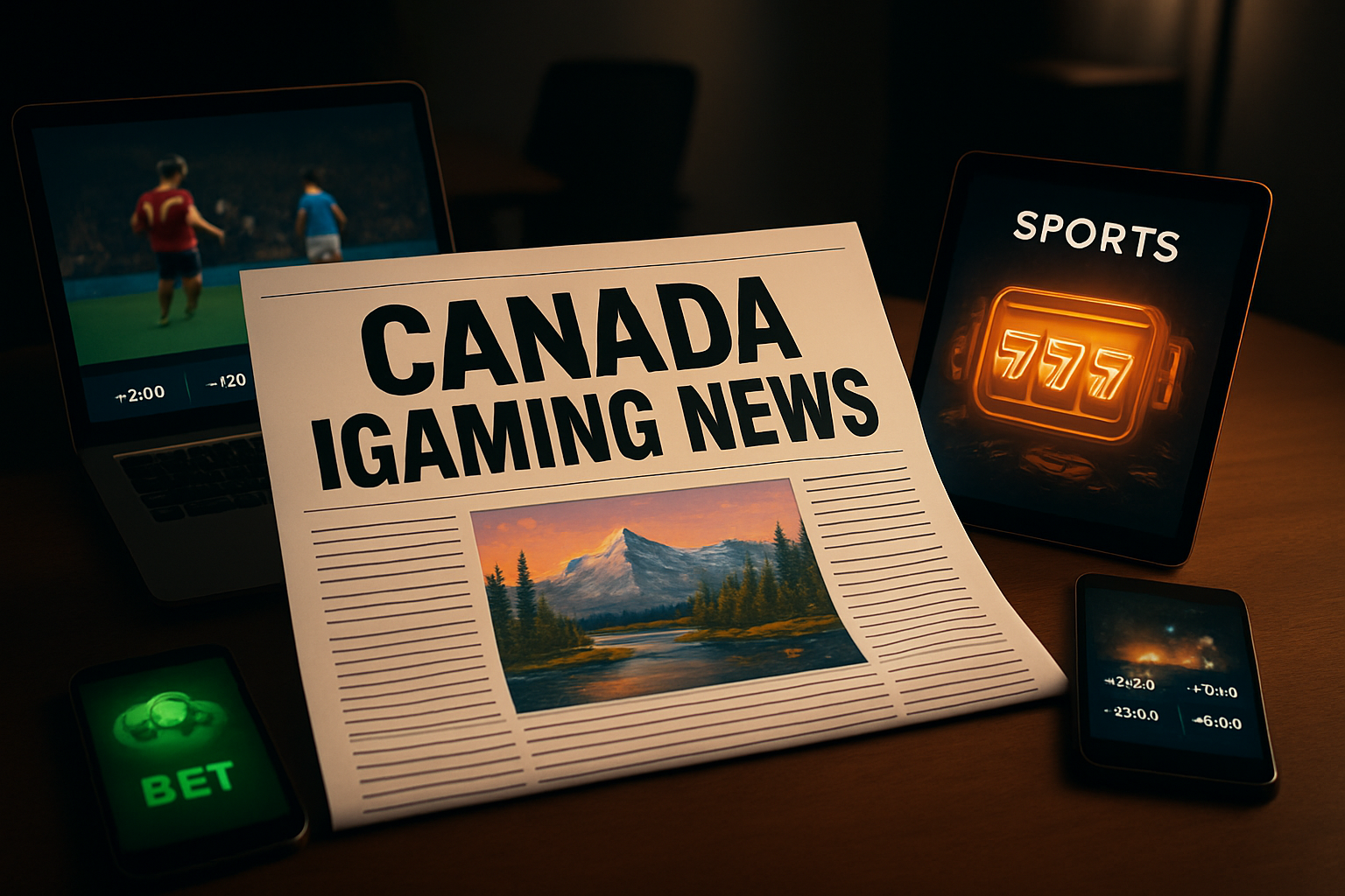 A newspaper with the headline “Canada iGaming News” placed among devices showing sports bets and slot symbols.