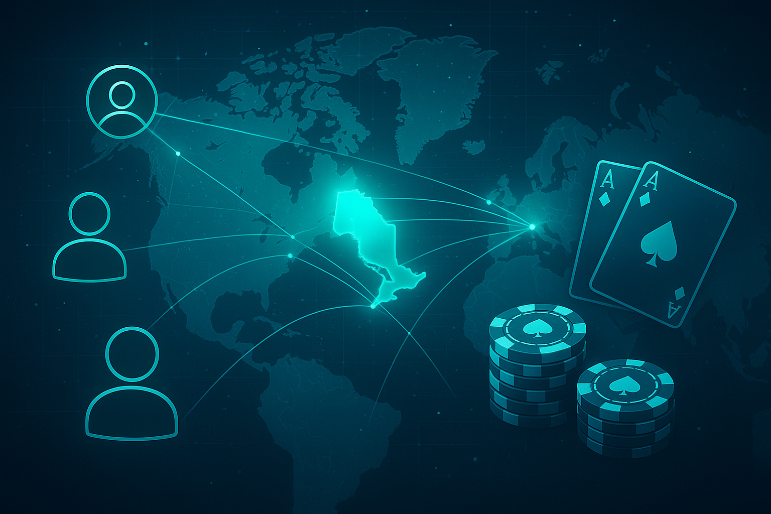 Digital map highlighting Ontario linked to players worldwide, symbolizing the court decision permitting Ontario players to compete internationally.