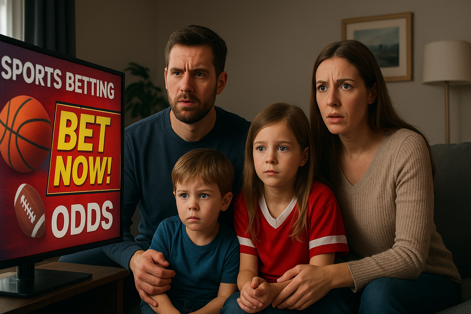 Parents and children watch television as a bold sports betting ad appears on screen, illustrating the debate over youth exposure to gambling content.
