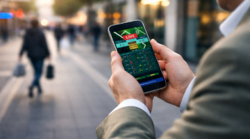 User checking live betting odds on a mobile phone outdoors, illustrating the accessibility of online sports betting platforms.