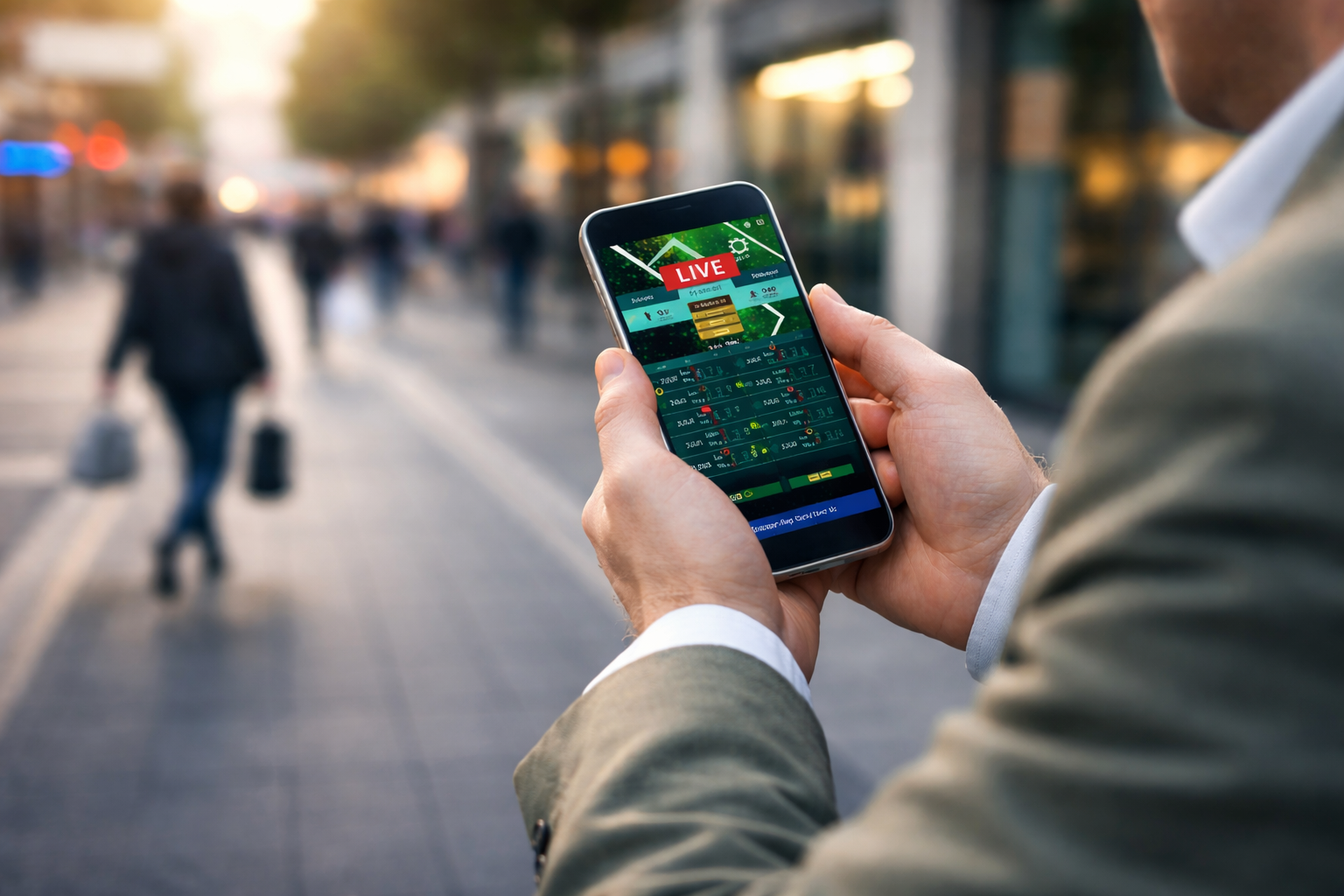 User checking live betting odds on a mobile phone outdoors, illustrating the accessibility of online sports betting platforms.