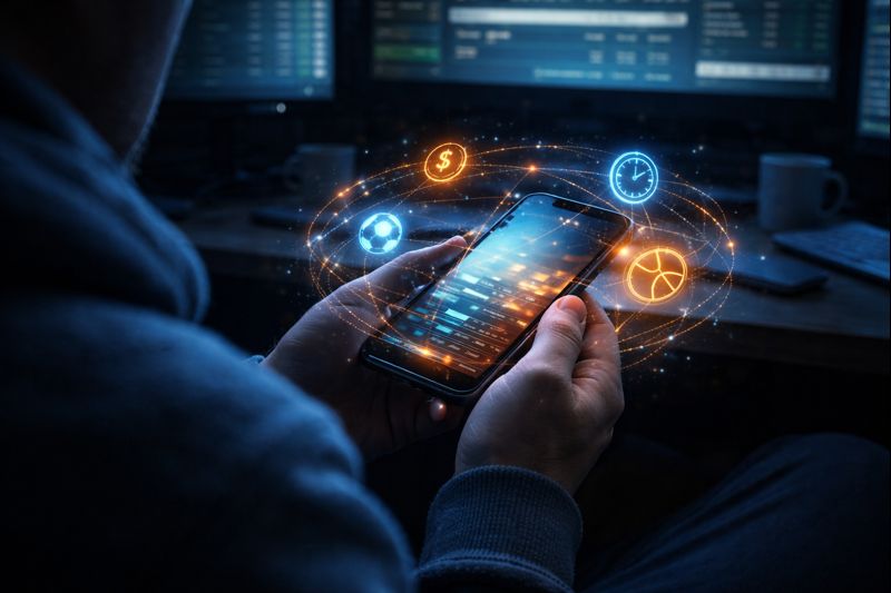Hands holding a smartphone with betting icons and notifications, symbolizing continuous engagement driven by online betting algorithms.

