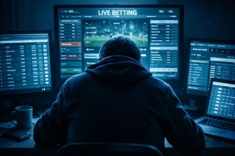 Young man surrounded by live betting screens, representing intensive engagement and reduced self-control in online gambling.