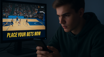 An adolescent focused on a phone as a sports betting promotion appears on a TV screen during a basketball broadcast