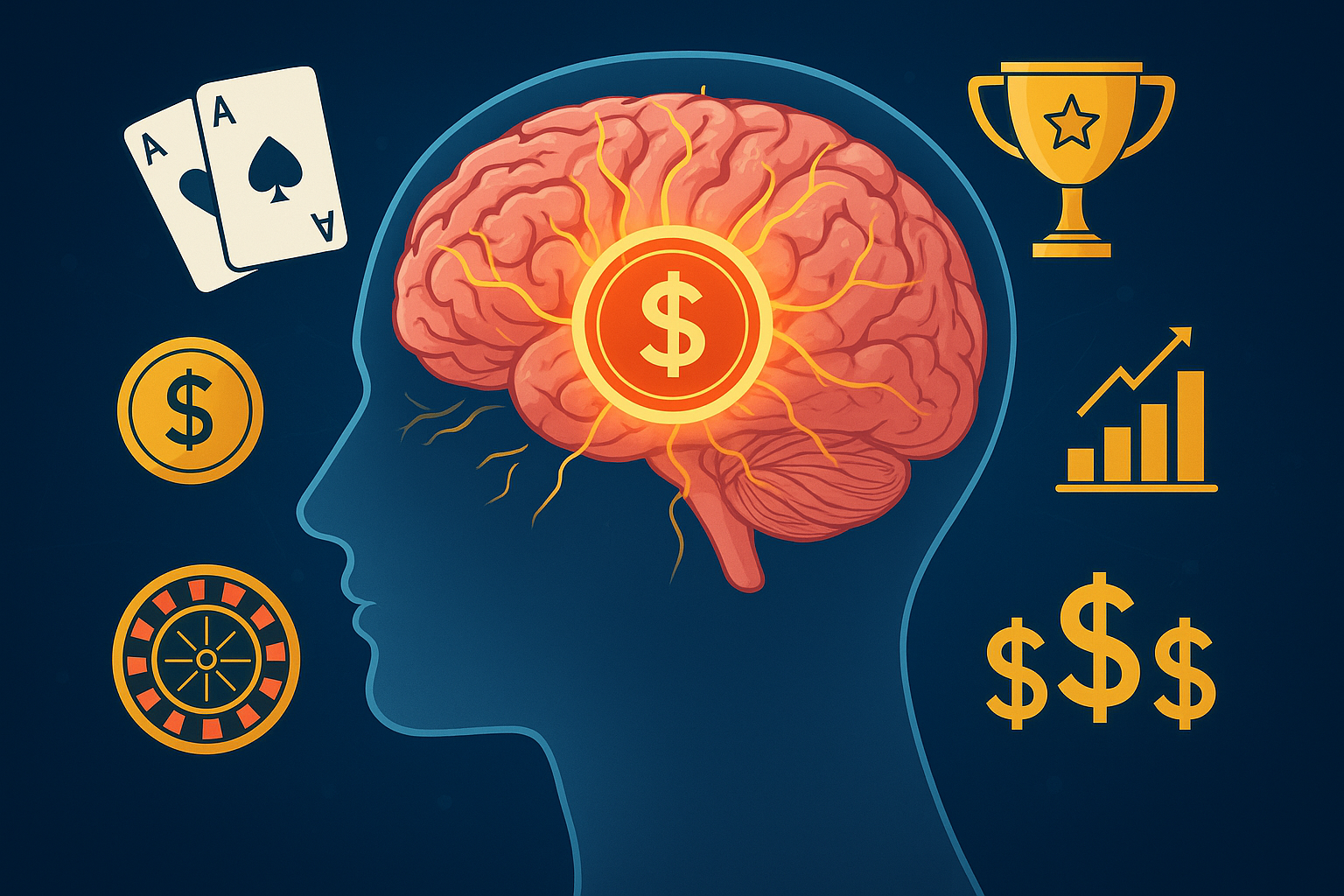 Visual depiction of an adolescent brain influenced by betting rewards, highlighting dopamine response and impaired risk assessment