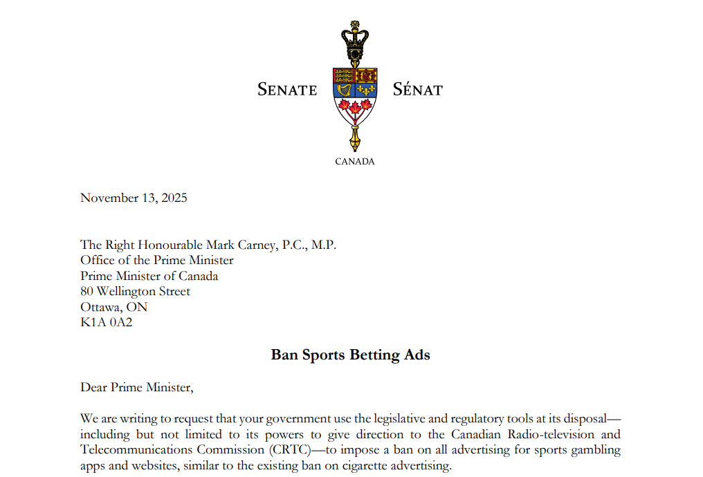 Petition signed by Canadian senators requesting government action to ban sports betting advertisements