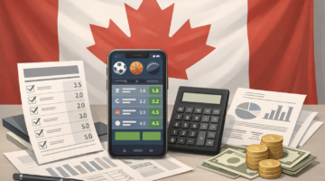 Sports betting interface on a smartphone alongside financial documents, cash, and a calculator, symbolizing tax rules for betting winnings in Canada.