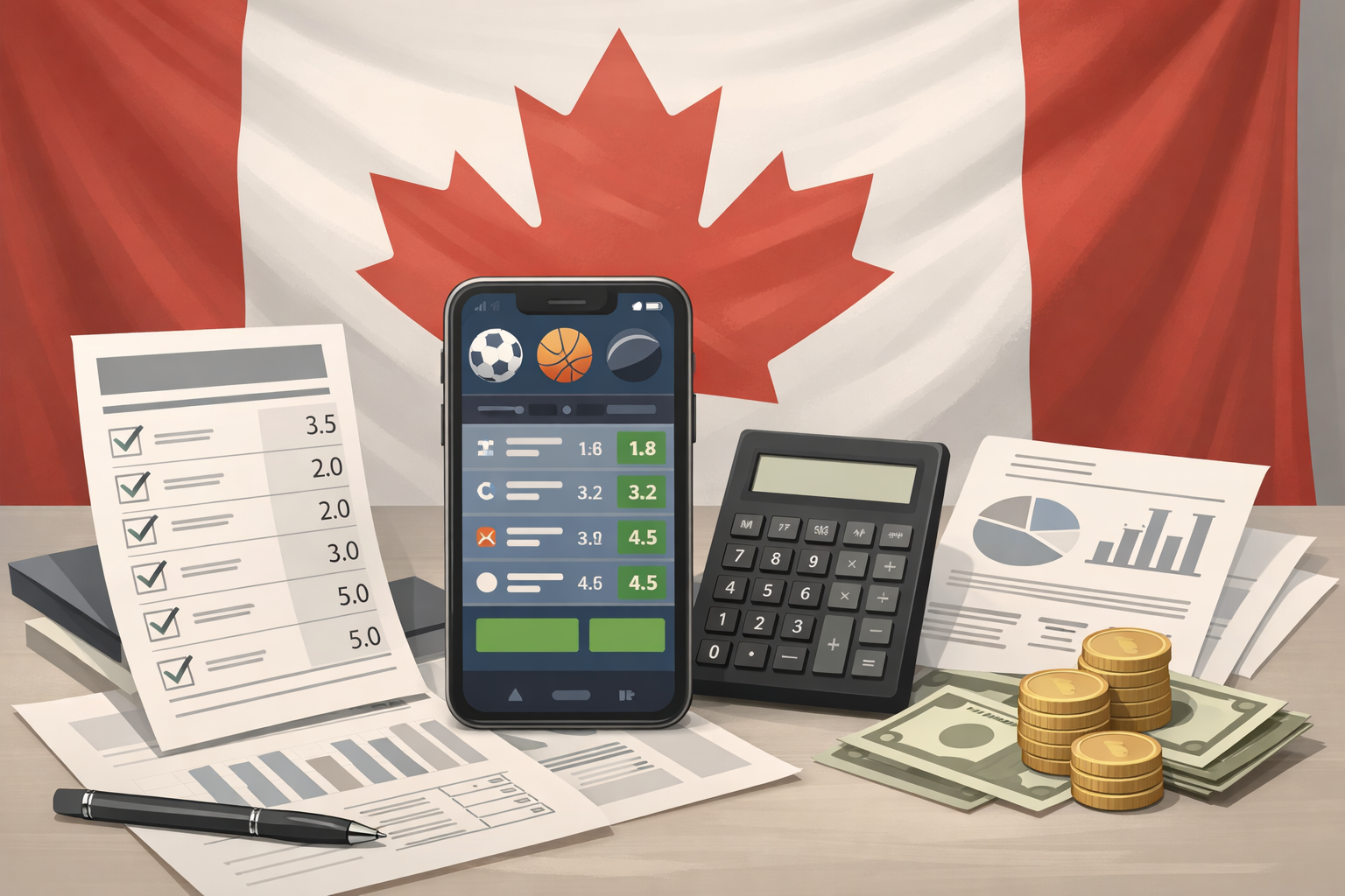 Sports betting interface on a smartphone alongside financial documents, cash, and a calculator, symbolizing tax rules for betting winnings in Canada.