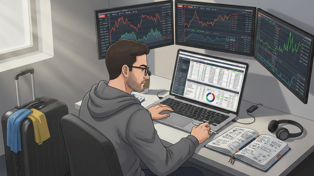 Illustration of a professional gambler analyzing betting and financial data on a laptop with multiple charts, highlighting income tracking and tax reporting requirements in Canada.
