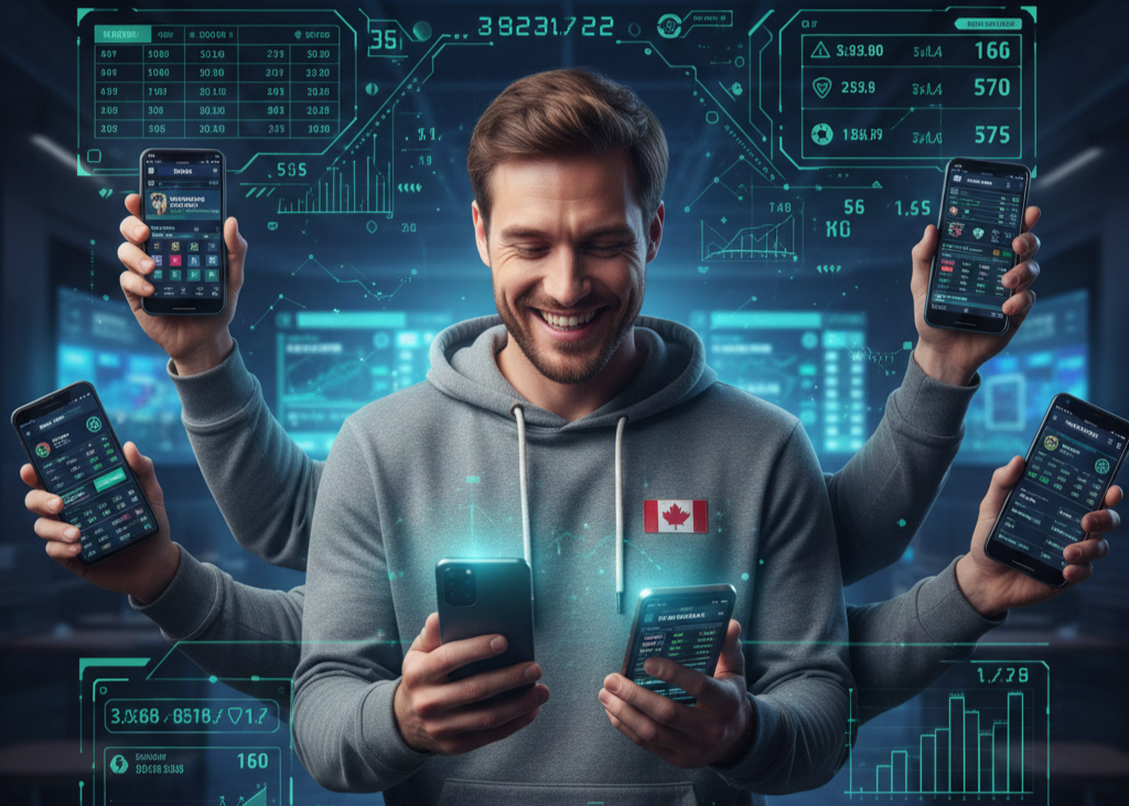 Sports bettor in Canada reviewing odds, player stats, and live analytics across several betting and sports data applications on smartphones.