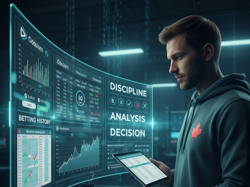 Sports bettor monitoring betting history, odds data, and performance metrics, highlighting bankroll control and responsible analysis.