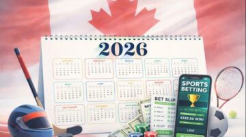 Illustration of a 2026 calendar with sports betting elements and the Canadian flag showing a full year of major sporting events for Canadian bettors.