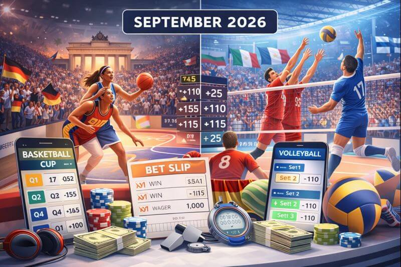 Global basketball and volleyball competition imagery combined with sportsbook elements illustrating September 2026 betting opportunities for Canadian players.