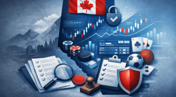 Illustration of Alberta's regulated online betting market with charts, gaming symbols, licensing documents, and player protection elements.