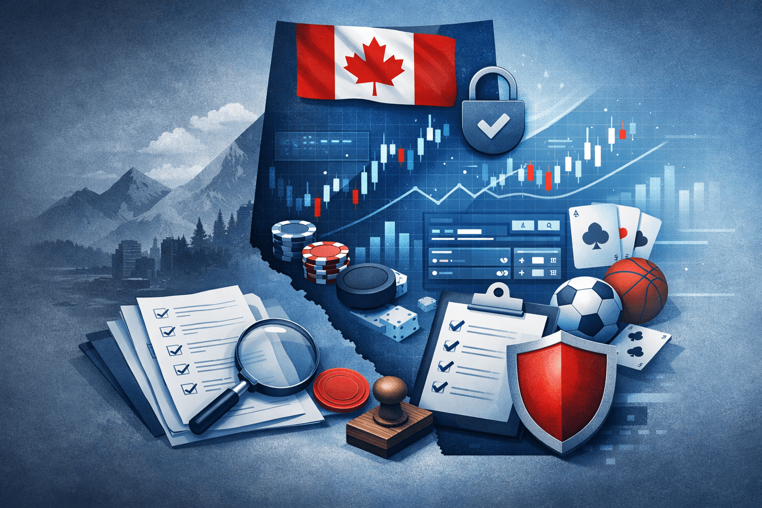 Illustration of Alberta's regulated online betting market with charts, gaming symbols, licensing documents, and player protection elements.