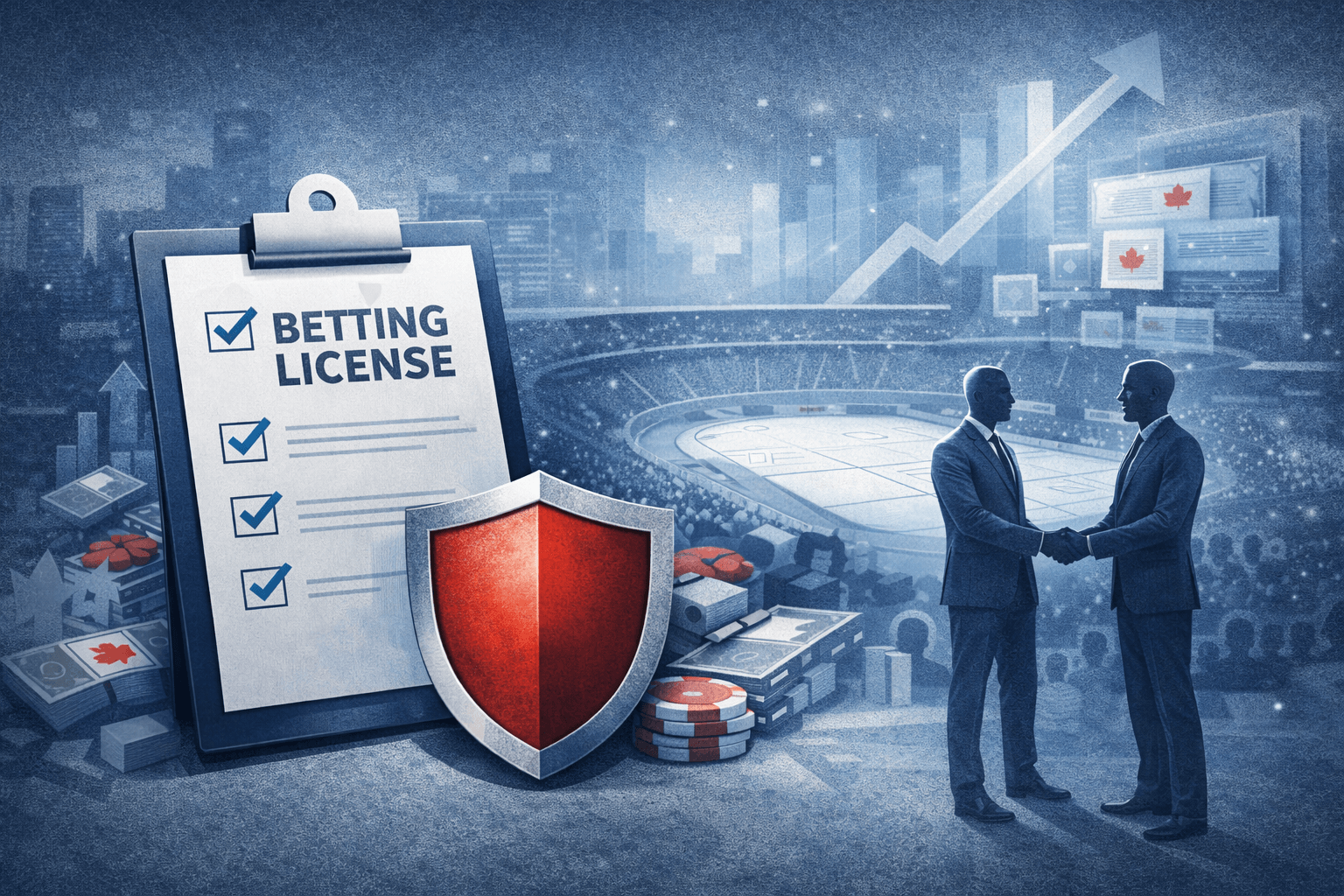 Conceptual image of Alberta's regulated iGaming framework with betting licenses, operator compliance, and financial performance indicators.