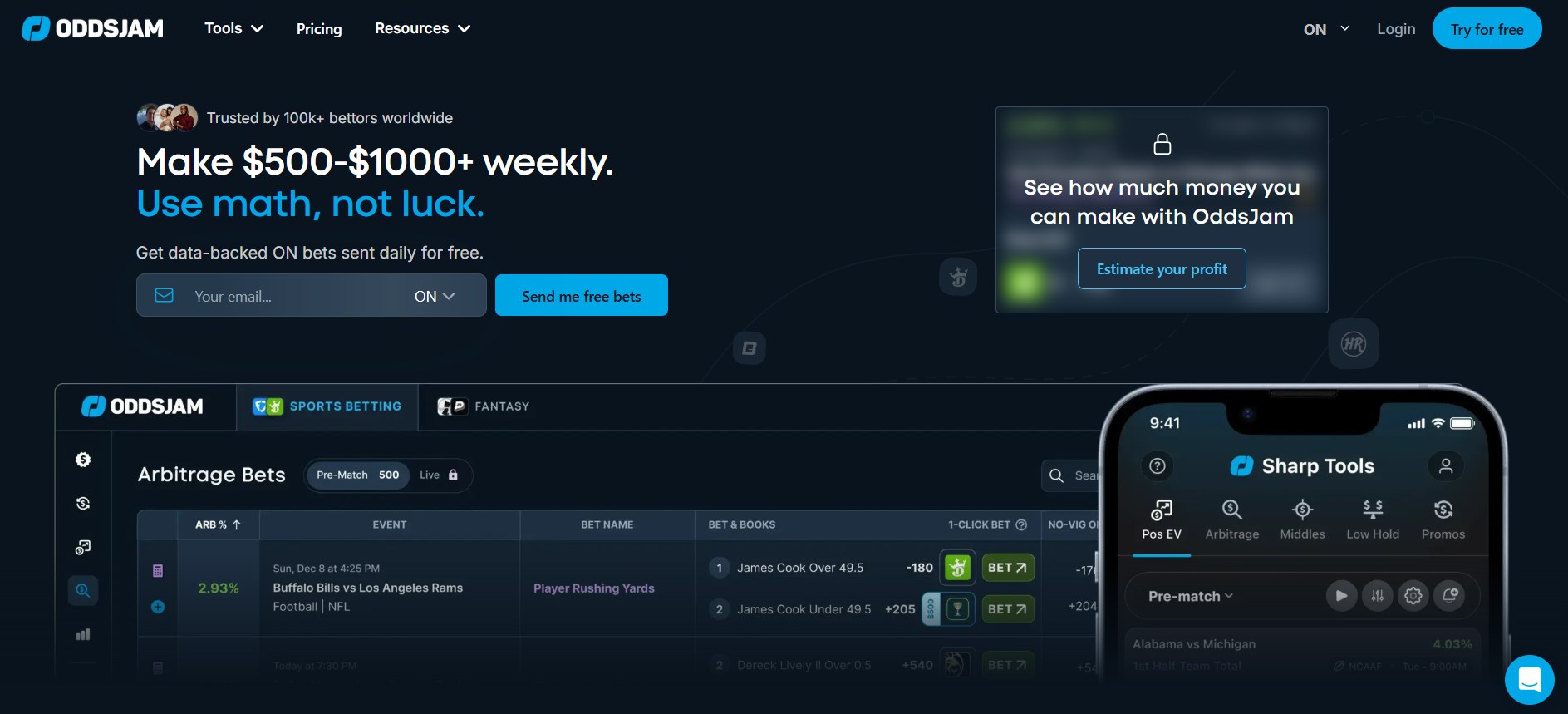 OddsJam interface highlighting arbitrage bets, EV ratings, and sports betting markets from Canadian and international bookmakers.