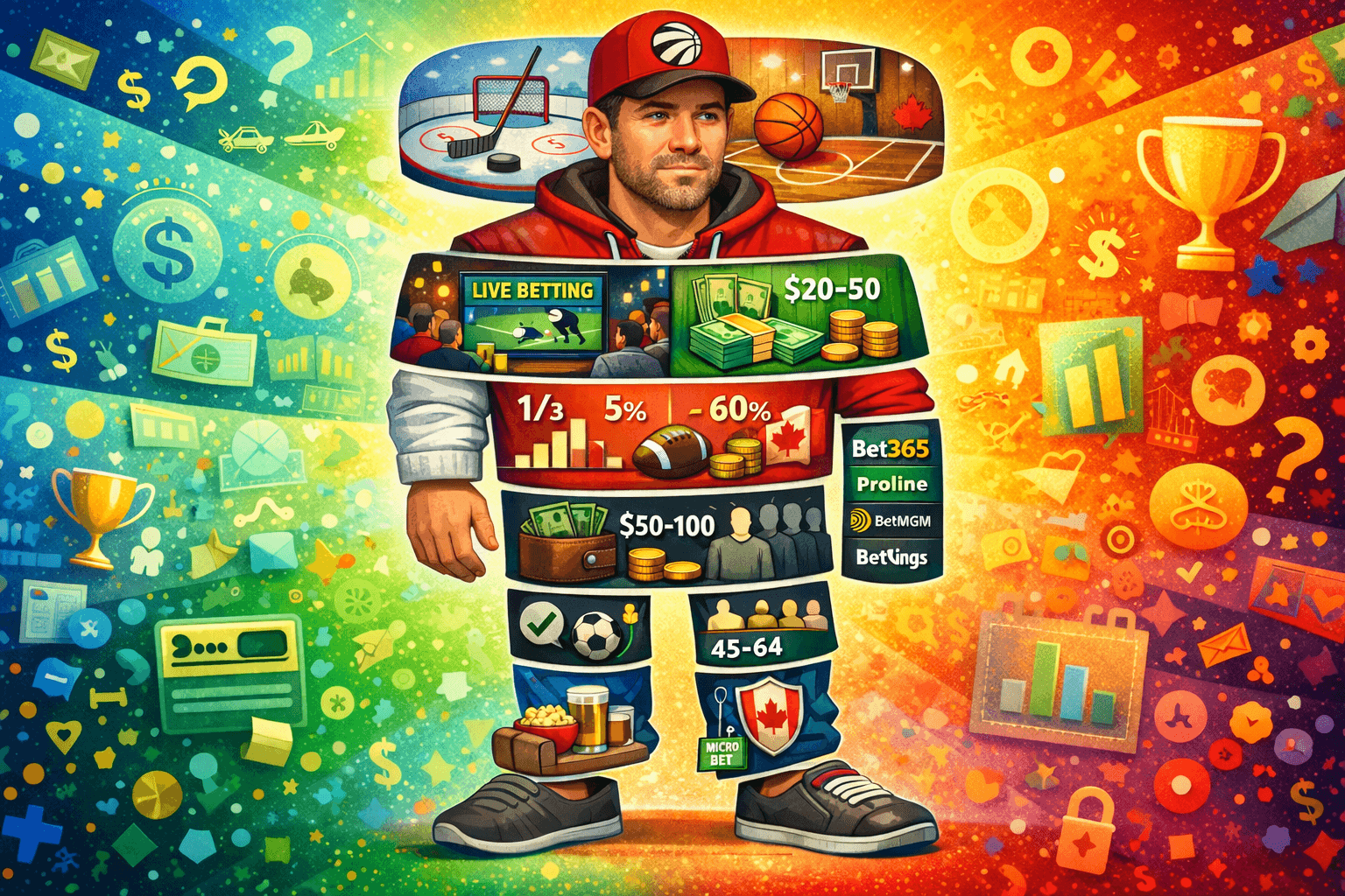 Illustrated profile of a Canadian sports gambler showing wagering frequency, average spend, live betting, and popular sportsbooks