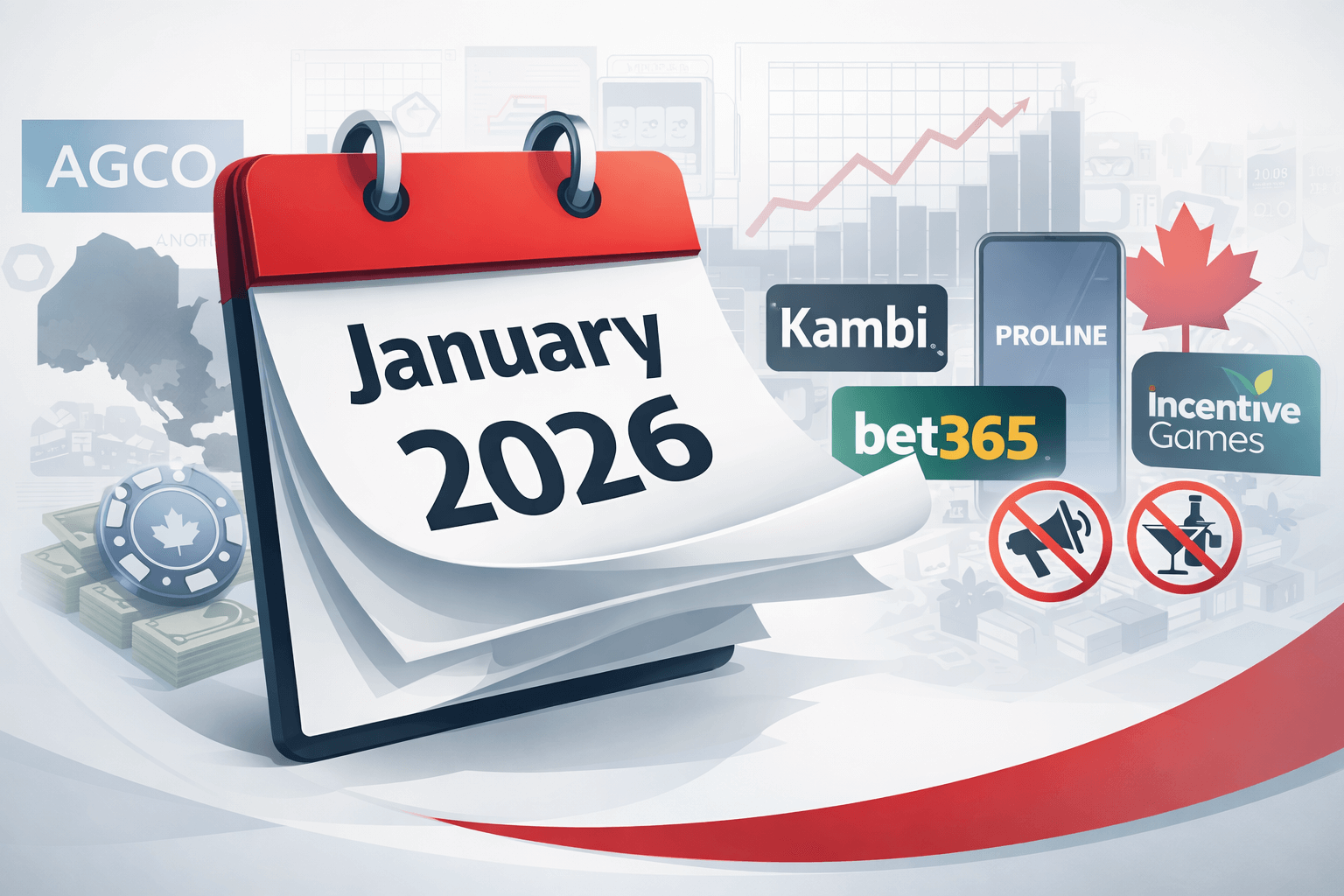 Visual overview of Canadian betting industry in January 2026 featuring bet365 partnership, Kambi sportsbook launch, and advertising restrictions.