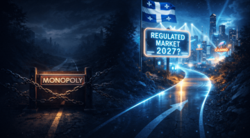 Night road divided between monopoly blockade and regulated market 2027 sign with Quebec flag