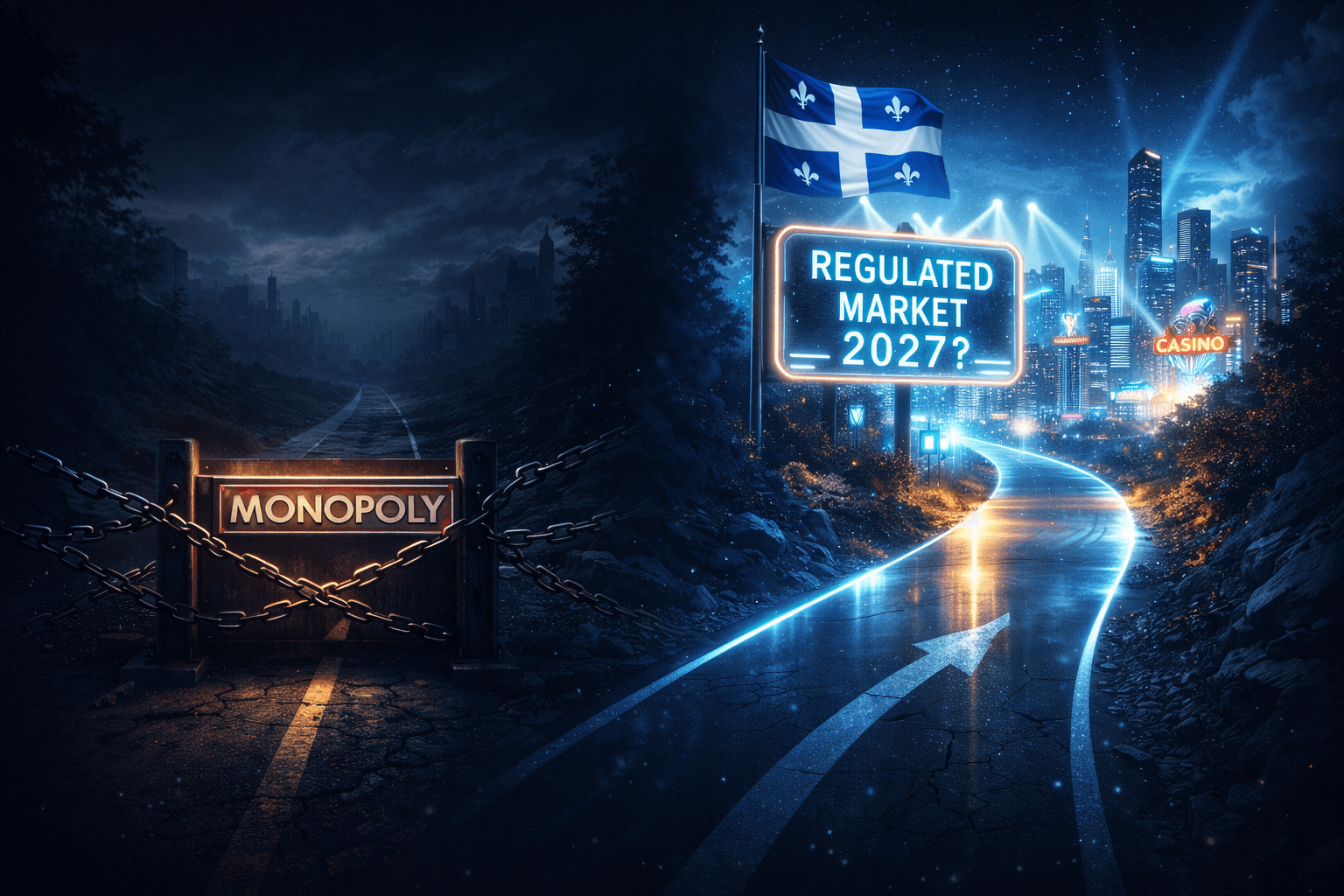 Night road divided between monopoly blockade and regulated market 2027 sign with Quebec flag
