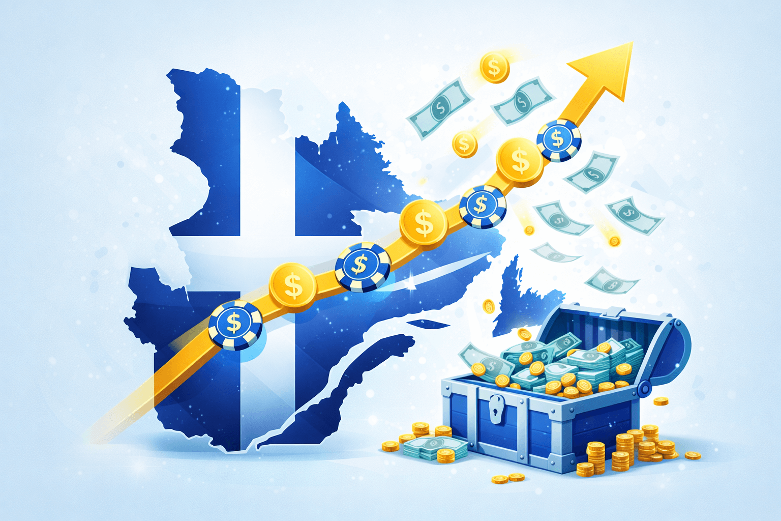 Quebec flag map with rising financial chart and money icons representing increased tax income from gambling reform