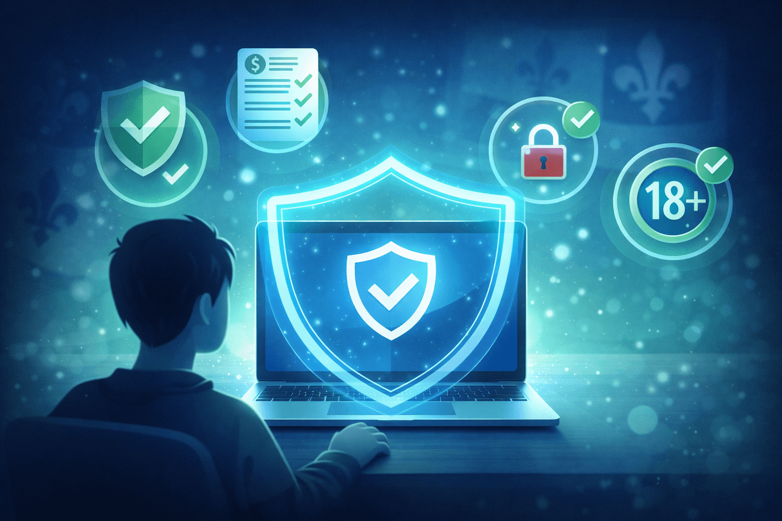 Concept image of secure online betting with shield, lock, and compliance symbols for licensed Quebec operators