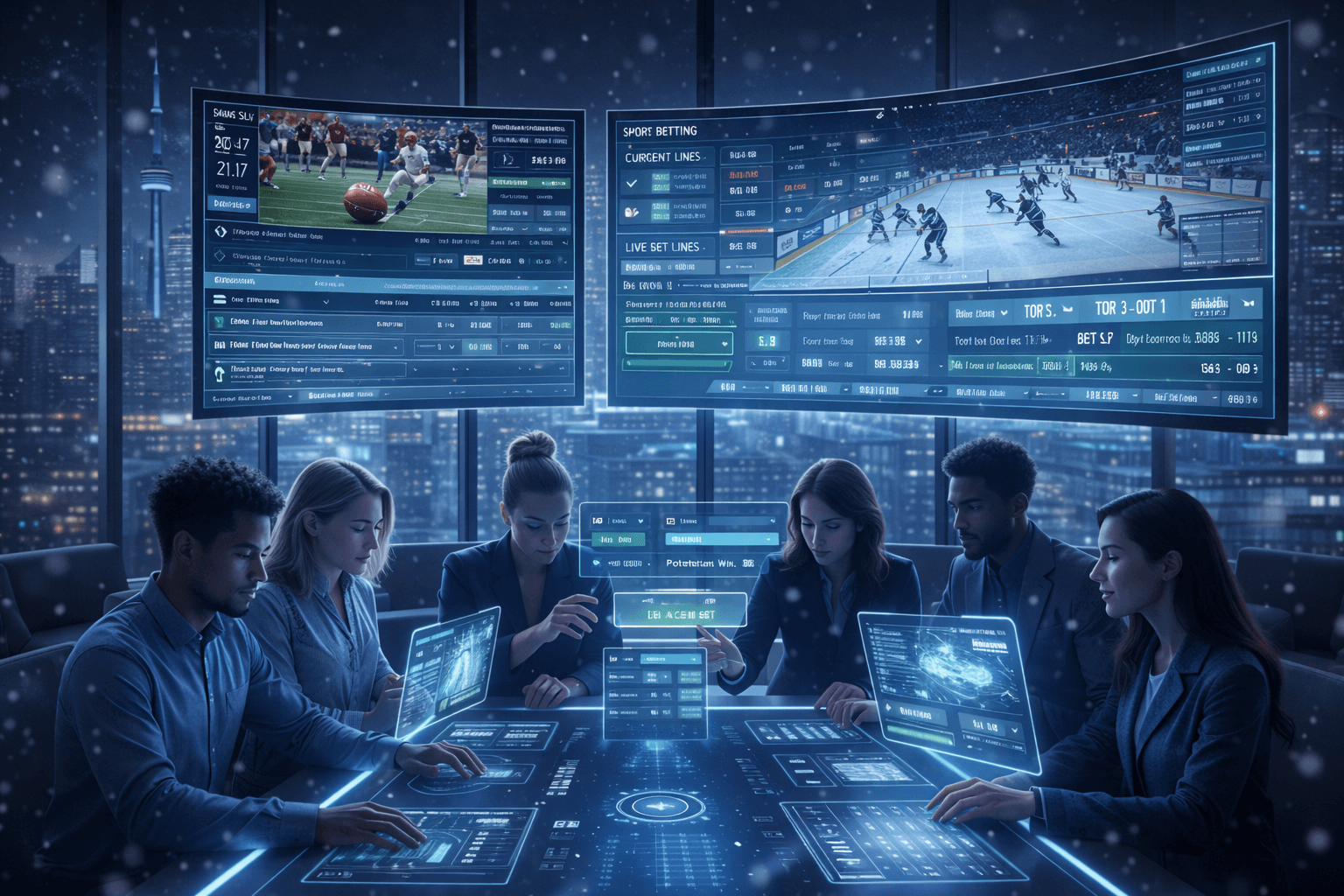 Team analyzing live sports betting data and real-time odds on digital screens