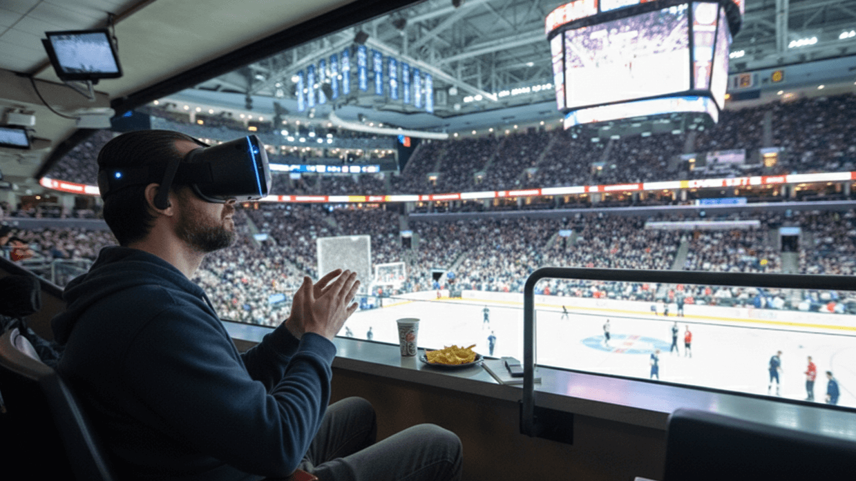 Spectator using virtual reality technology during a live ice hockey match