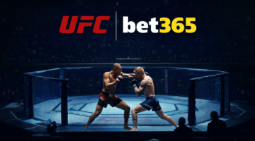 Mixed martial arts bout in an octagon arena with branding of UFC and Bet365 symbolising integrated betting and fight broadcasts.