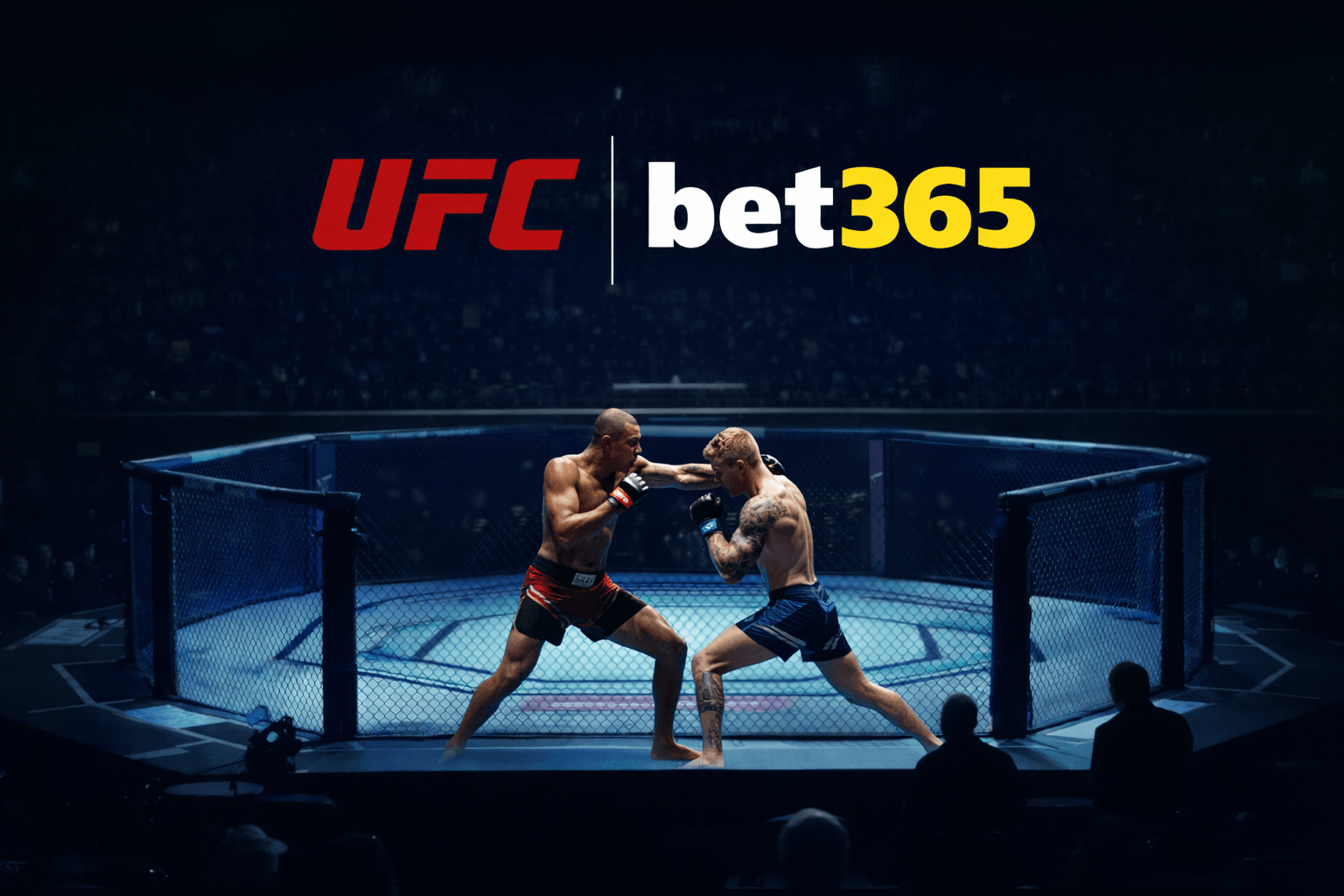 Mixed martial arts bout in an octagon arena with branding of UFC and Bet365 symbolising integrated betting and fight broadcasts.