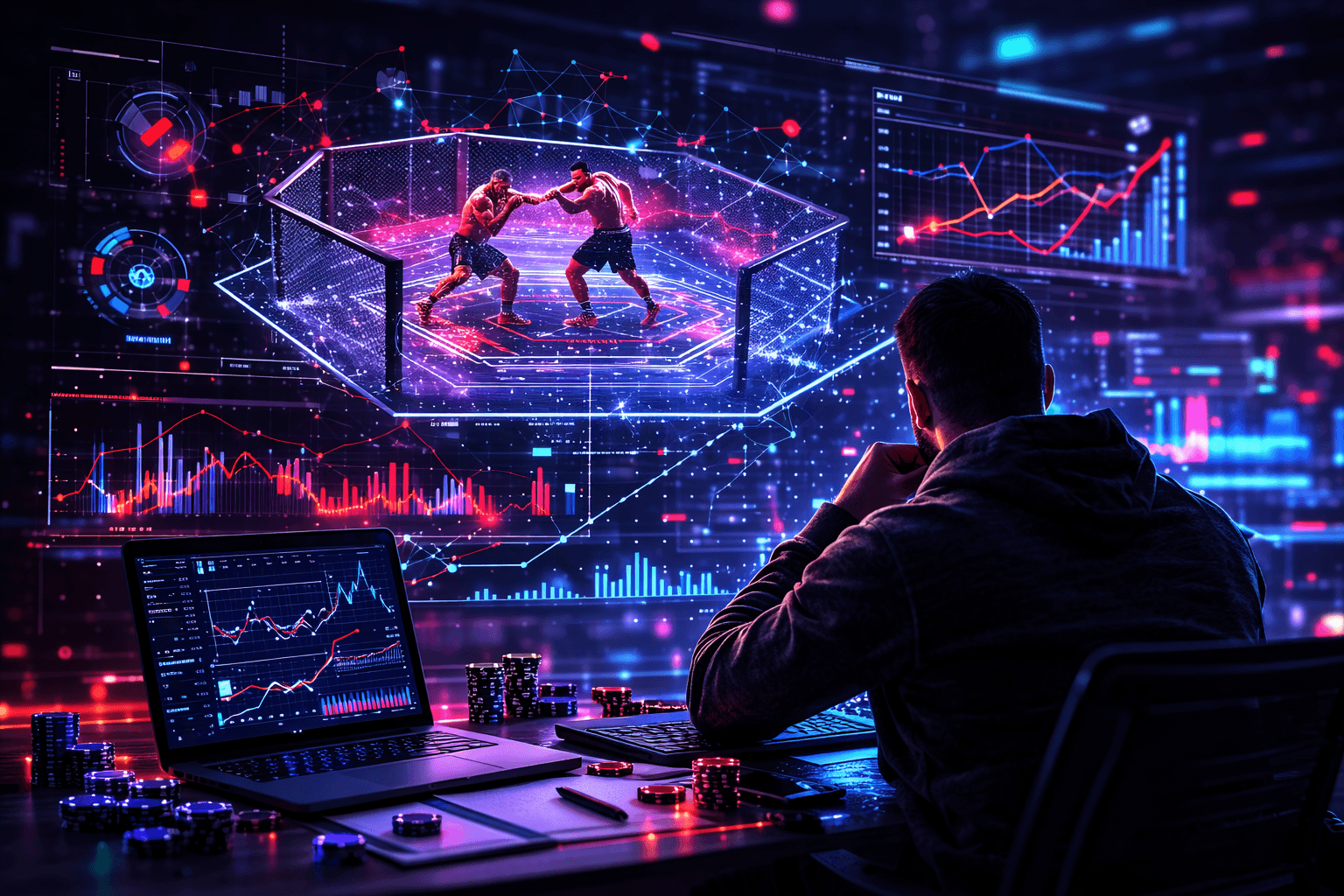 A bettor analyzing live odds, performance graphs, and fight data while watching a UFC bout on a high-tech screen.