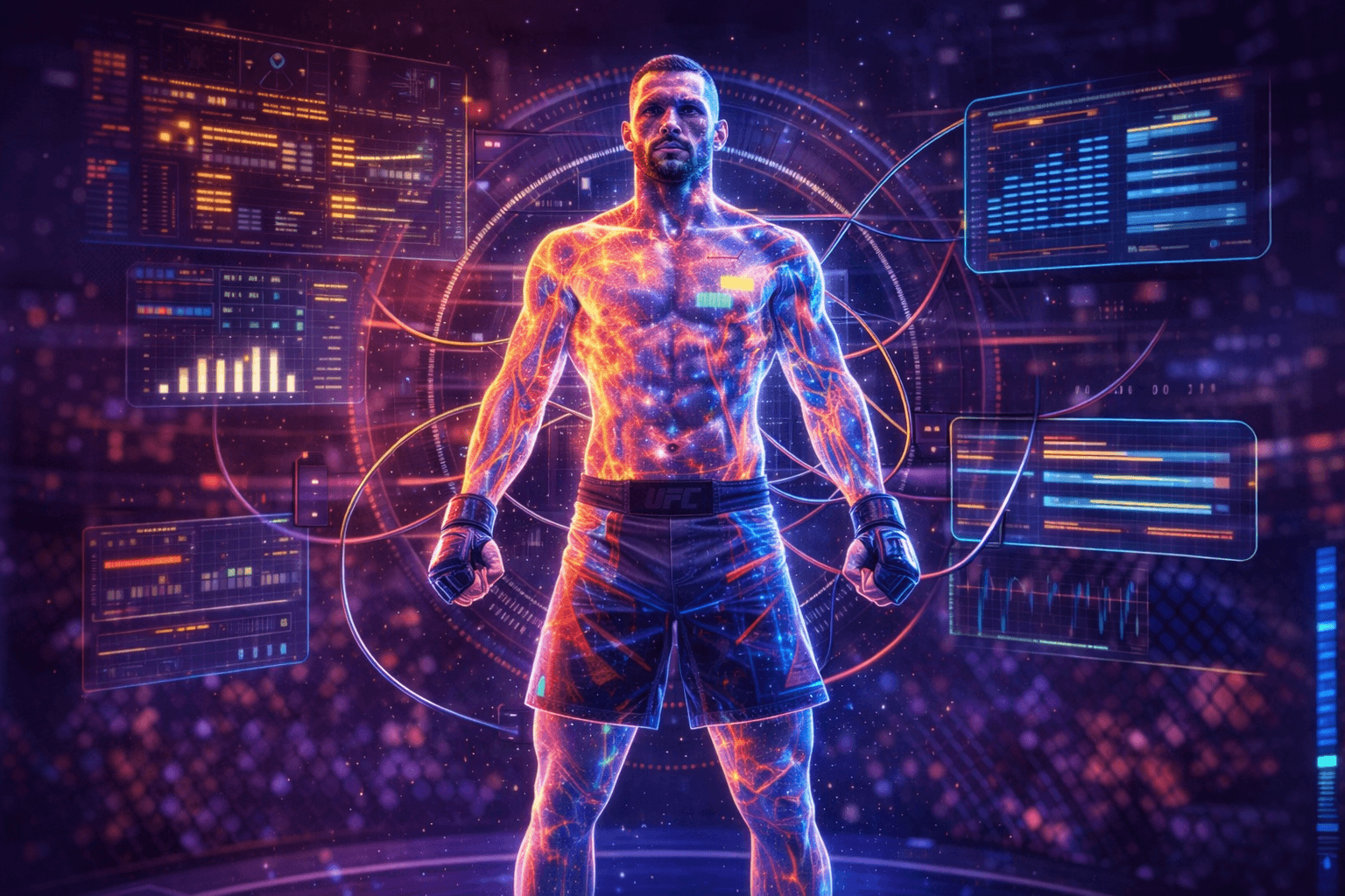 MMA competitor displayed with data charts and fight analytics illustrating how bettors analyse statistics before a UFC match.