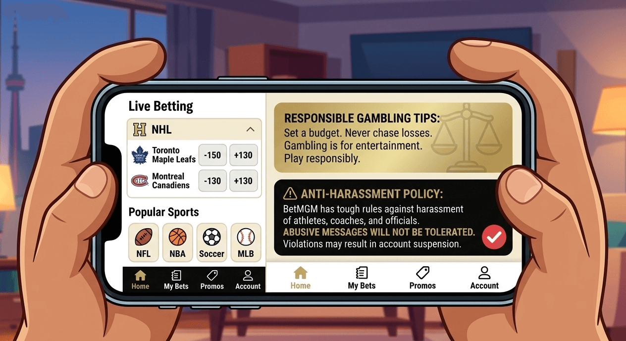 Conceptual image of a sportsbook app displaying betting markets alongside responsible gambling advice and an anti-harassment policy protecting athletes and sports officials.