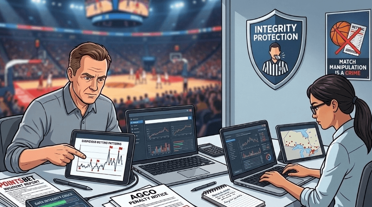 Compliance analysts reviewing suspicious betting patterns on digital dashboards during a sports game as regulators investigate potential match manipulation.