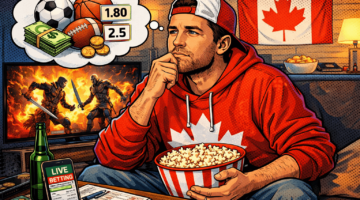 Man in a Canada hoodie watches a film while reflecting on betting odds and strategies, linking entertainment with sports wagering insights.