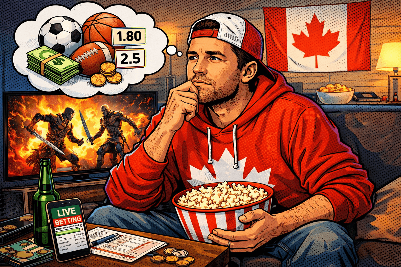 Man in a Canada hoodie watches a film while reflecting on betting odds and strategies, linking entertainment with sports wagering insights.