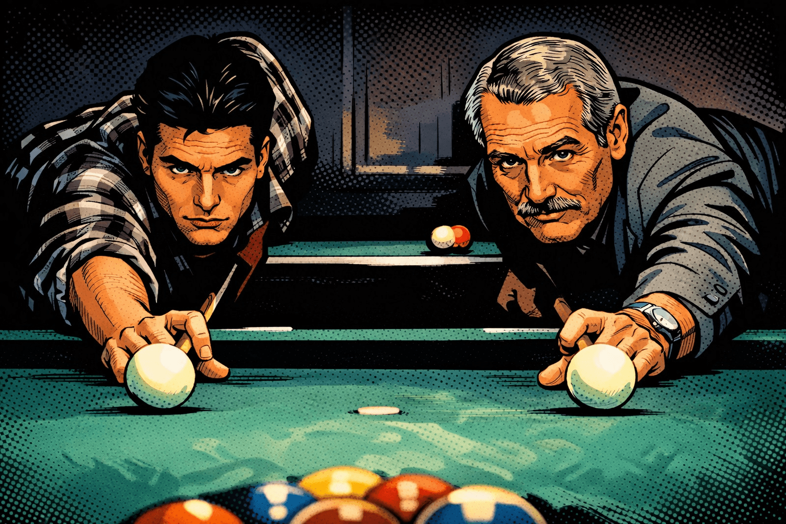 Experienced and young pool players aim carefully, showing focus, control, and strategic thinking relevant to betting.