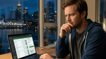 Canadian bettor pausing to think while viewing online betting platform on laptop in modern apartment at night