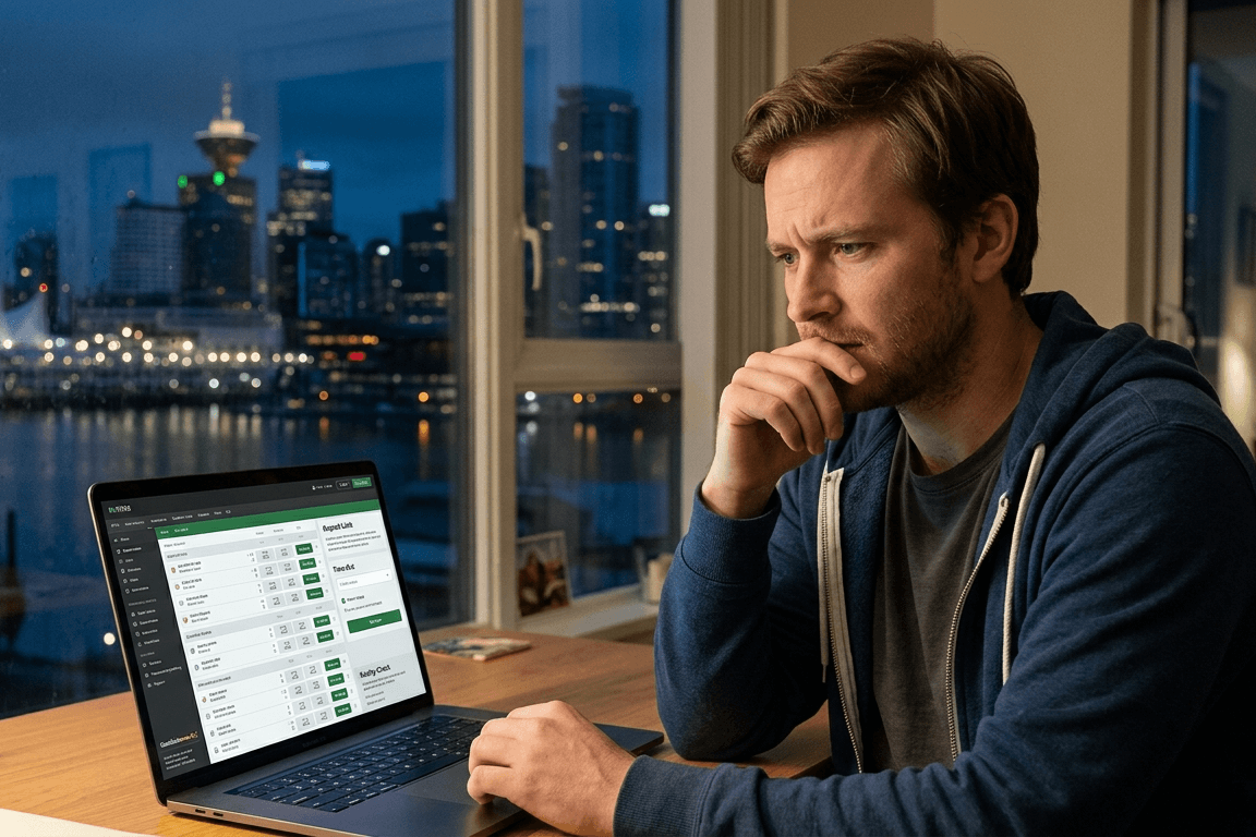 Canadian bettor pausing to think while viewing online betting platform on laptop in modern apartment at night