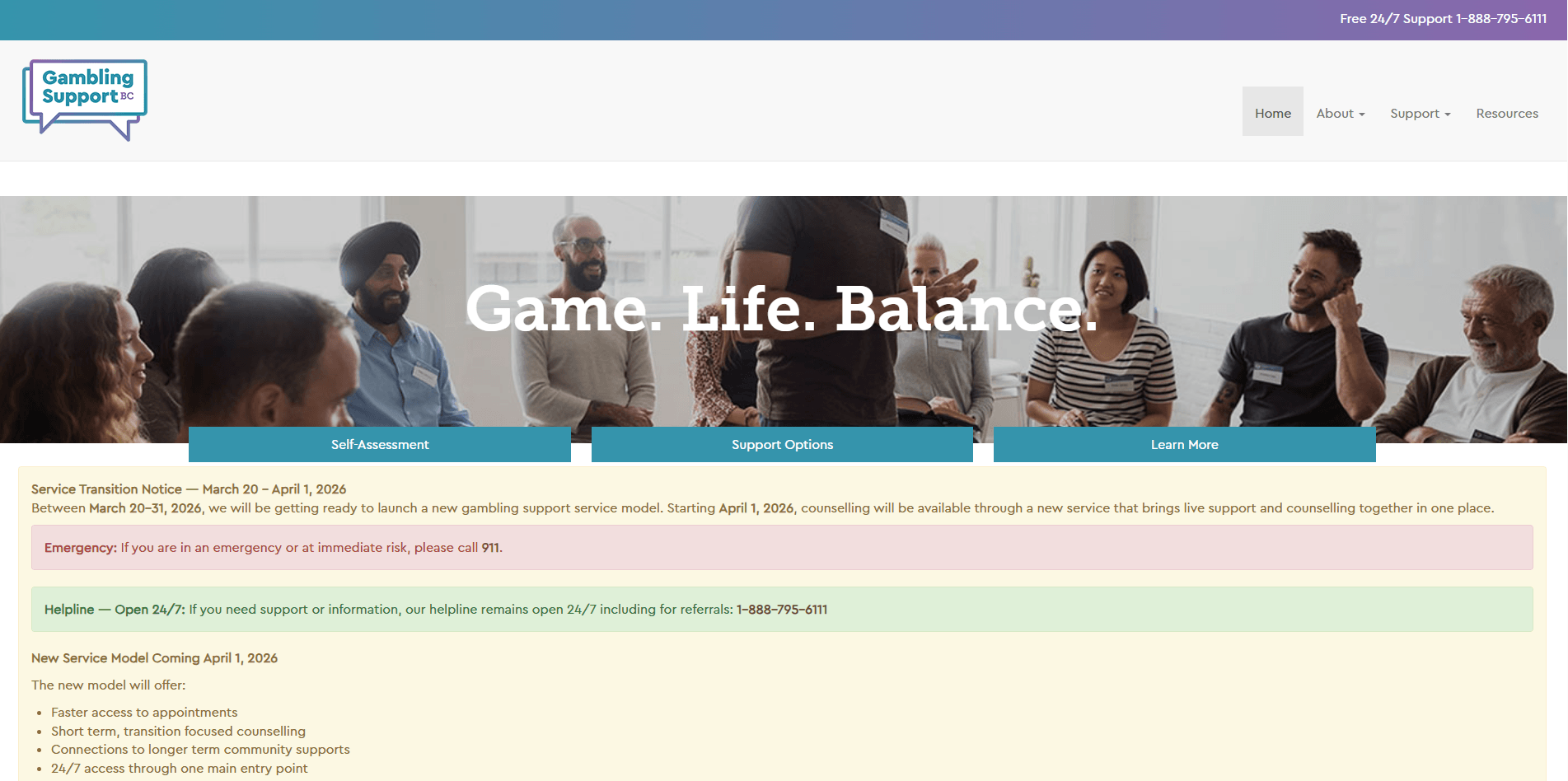 Screenshot of Gambling Support BC website showing 24/7 helpline, self-assessment, and integrated support options