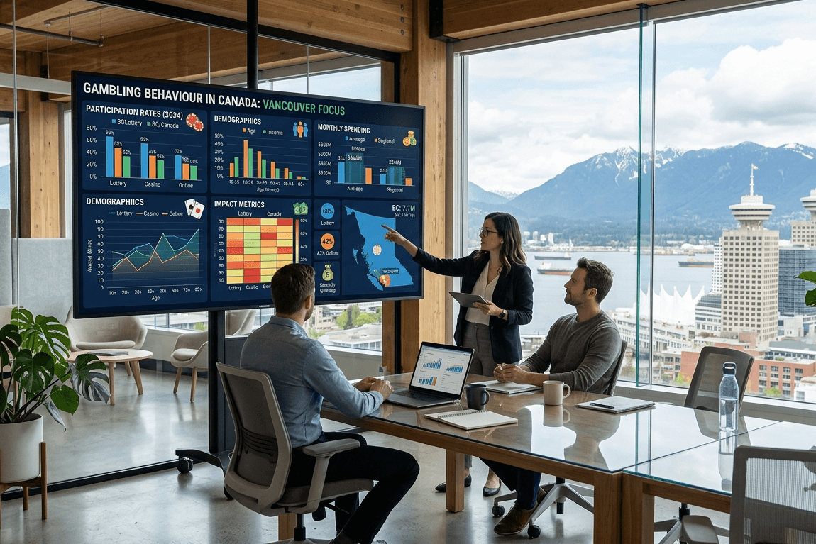 Team studying charts on gambling behaviour in Canada during meeting in modern office overlooking Vancouver