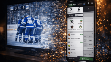 Smartphone sportsbook app displayed in front of a live hockey broadcast, illustrating the impact of betting ads on sports viewing