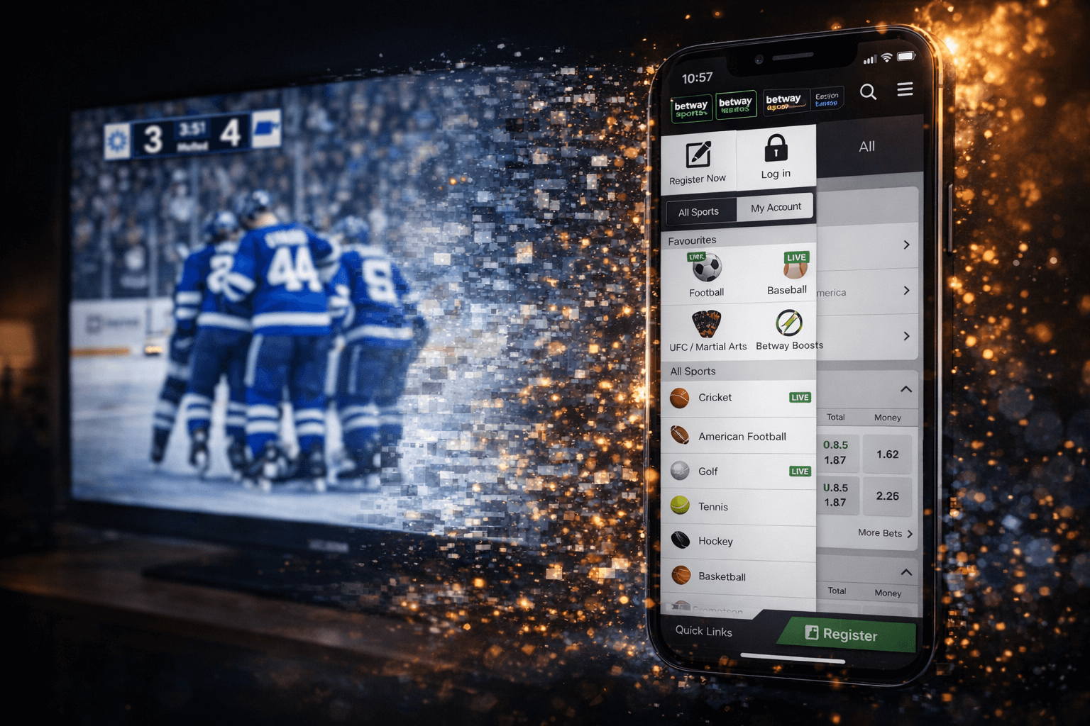 Smartphone sportsbook app displayed in front of a live hockey broadcast, illustrating the impact of betting ads on sports viewing